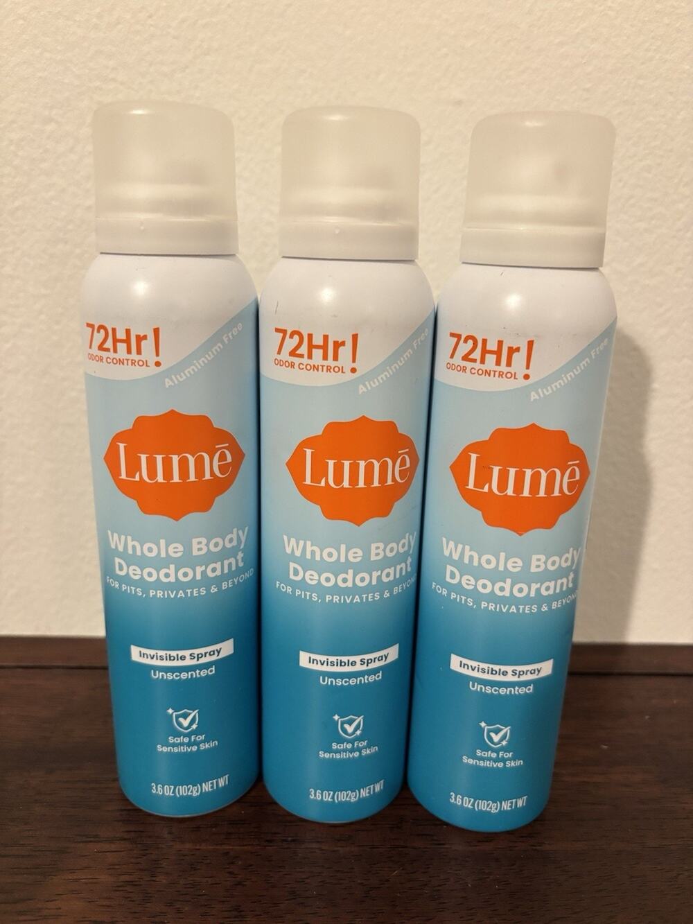 3 Cans Lume Whole Body Invisible Spray Deodorant - Unscented 3.6oz